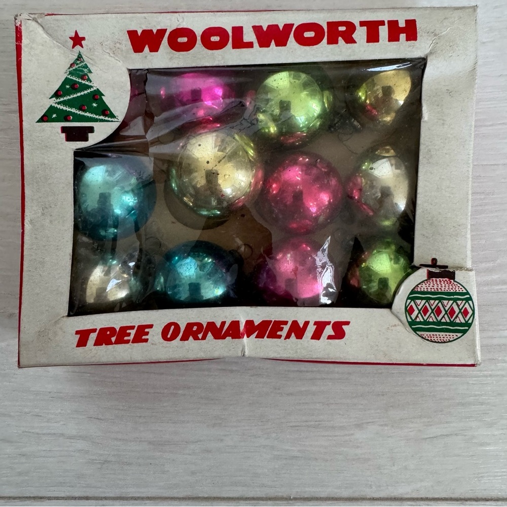 Vintage Glass Christmas Ornaments Balls Miniature Woolworth Baubles in Box